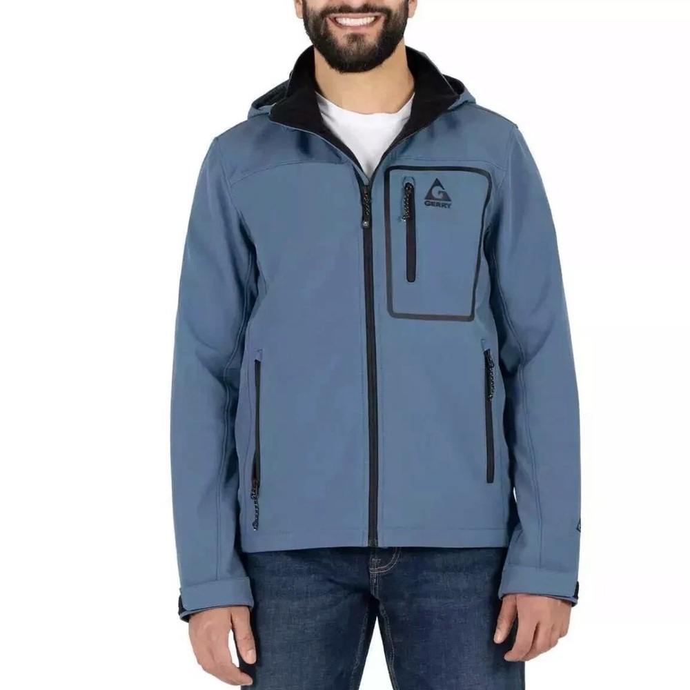 Gerry Men’s Softshell Jacket Wind & Water Resistant Blue Removable Hood M NWT